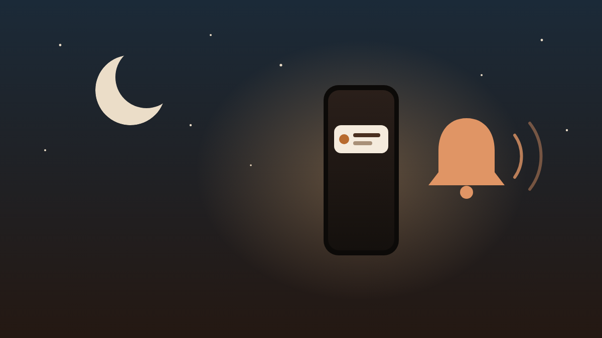 A phone at night showing a single notification, next to a bell
