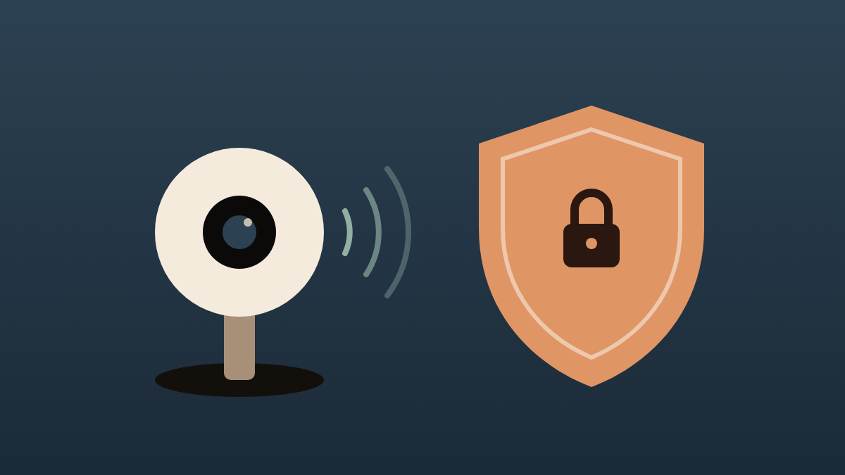 A monitor camera sending over Wi-Fi, beside a shield with a lock